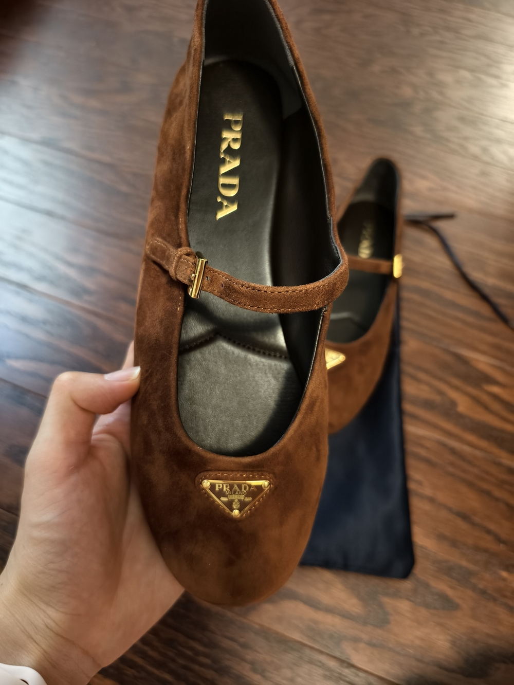 NEW - Prada Brown Suede Mary Jane Loafer with Gold Logo - Picture 6 of 6